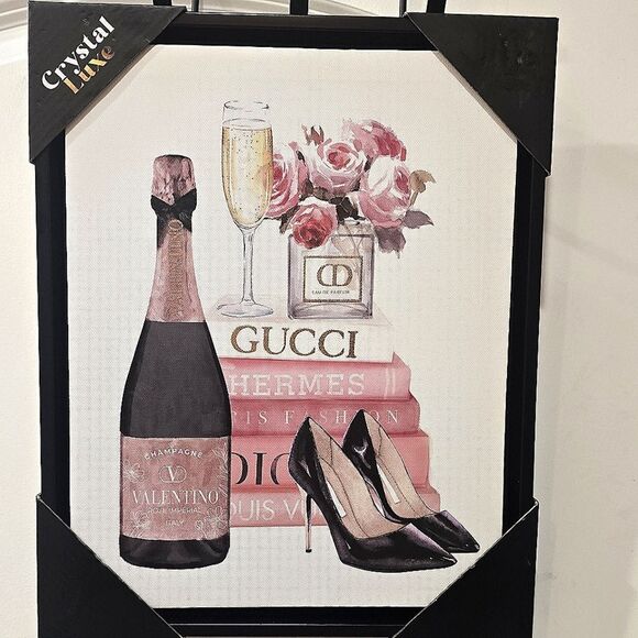 Crystal Luxe Champagne Campaign Fashion Bookstack/Heels Framed Canvas Wall Decor - Picture 3 of 5